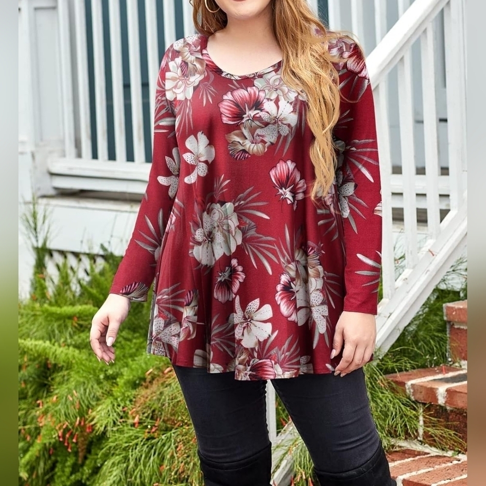 Women's Casual V-Neck Long Sleeve Flowy Loose Fit Swing Top Tunic, Red Floral